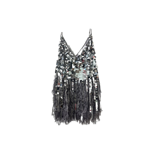 ASOS Edition Curve Paillette Sequin Faux Feather Hem Mini Dress Silver Size 18