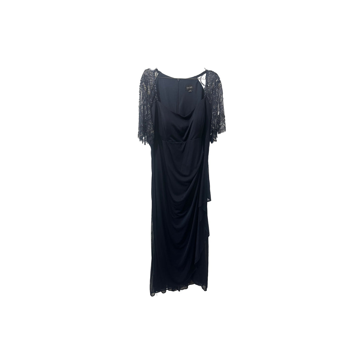 Xscape Sheer Sequin Beaded Sleeve Ruched Jersey Maxi Dress Navy Blue Size 22W