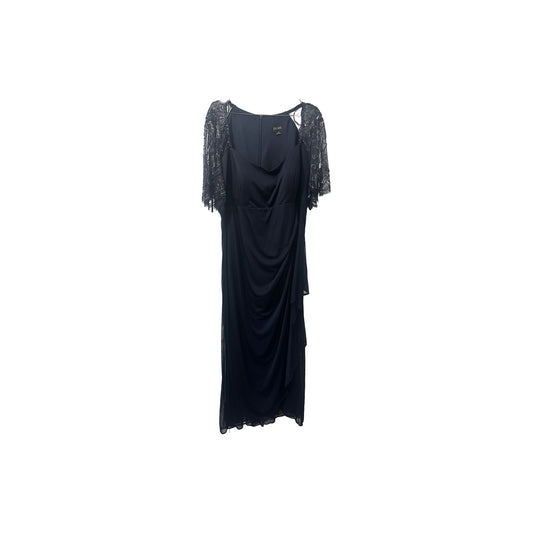 Xscape Sheer Sequin Beaded Sleeve Ruched Jersey Maxi Dress Navy Blue Size 22W