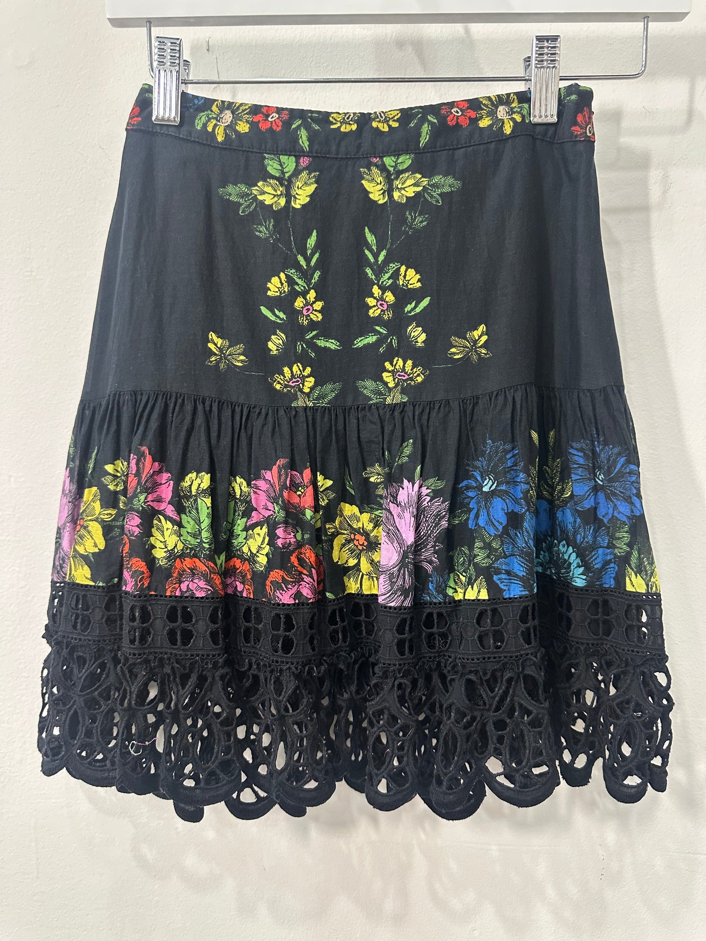Charo Ruiz Ibiza Lace Trim Floral Print Eibis Mini Skirt Garden Black Size XS