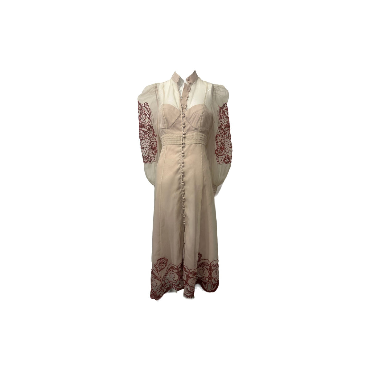 Karen Millen Organdie Embroidered Woven Long Sleeves Midi Dress Cream Size 6