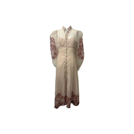 Karen Millen Organdie Embroidered Woven Long Sleeves Midi Dress Cream Size 6