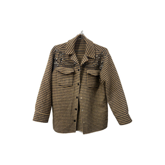 Sandro Paris Wool Blend Plaid Brodan Beaded Check Blazer Jacket Brown Size 36