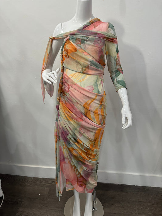 Andrea Iyamah Mesh Turi Abstract One-Shoulder Midi Dress Multicolor Size M