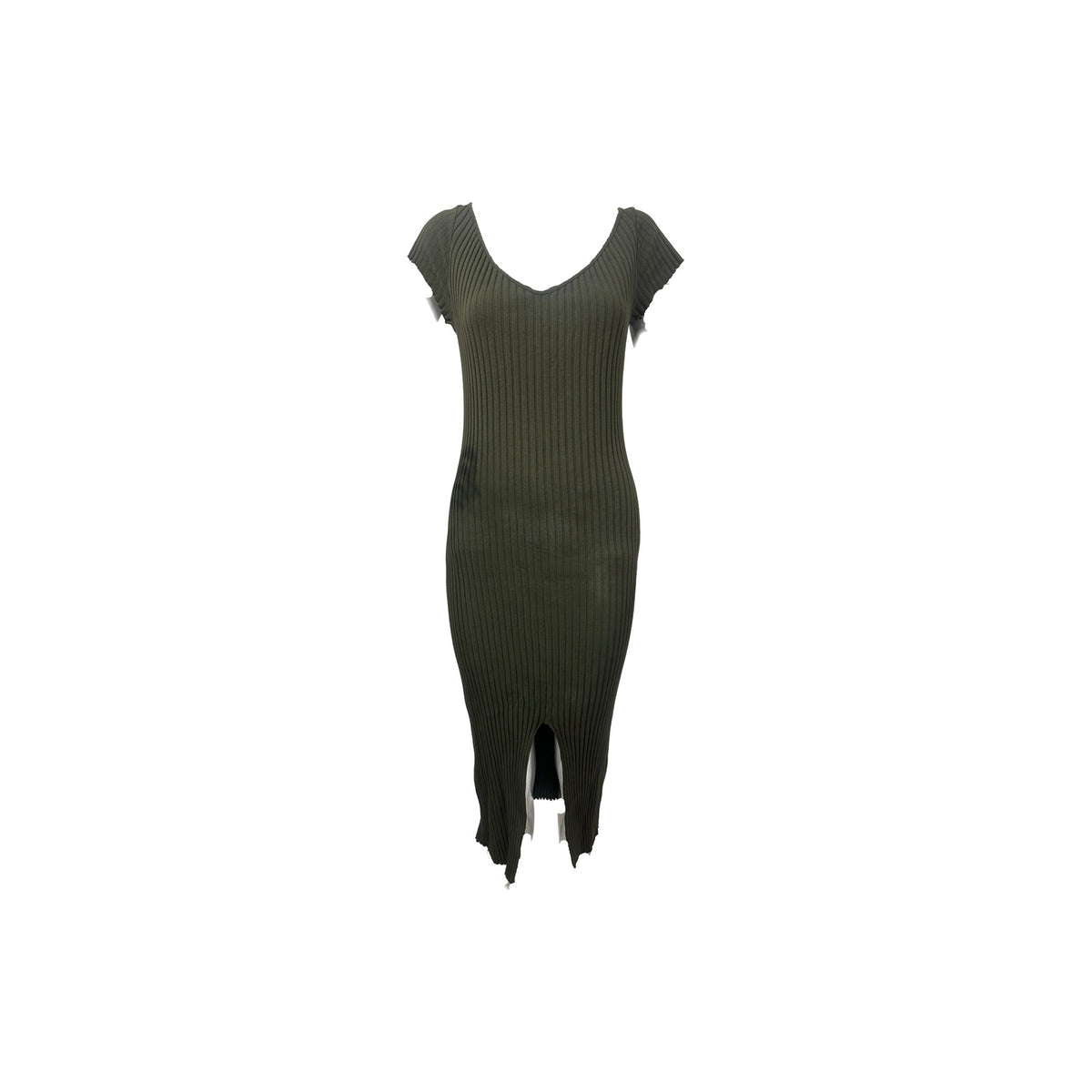 Enza Costa Cotton Knit V-Neck Cap Sleeve Slit Midi Dress Green Women's Size M