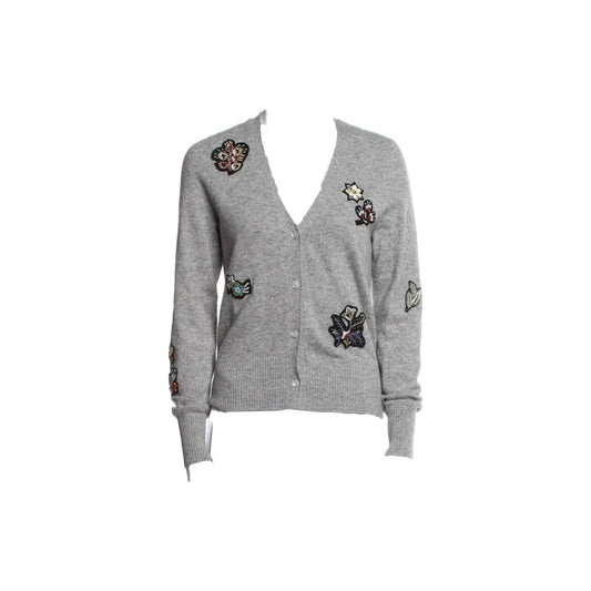 Cinq à Sept Wool V-Neck Graphic Embroidered Sweater Cardigan Gray Women's Size S