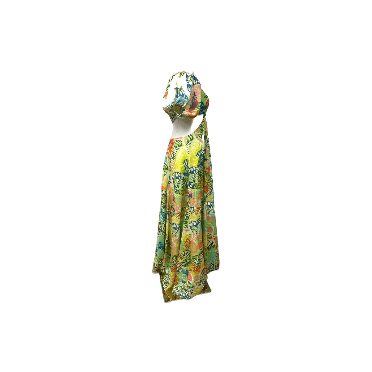 Staud Linen Plant Motif Puff Sleeve Cut-Out Coliseum Maxi Dress