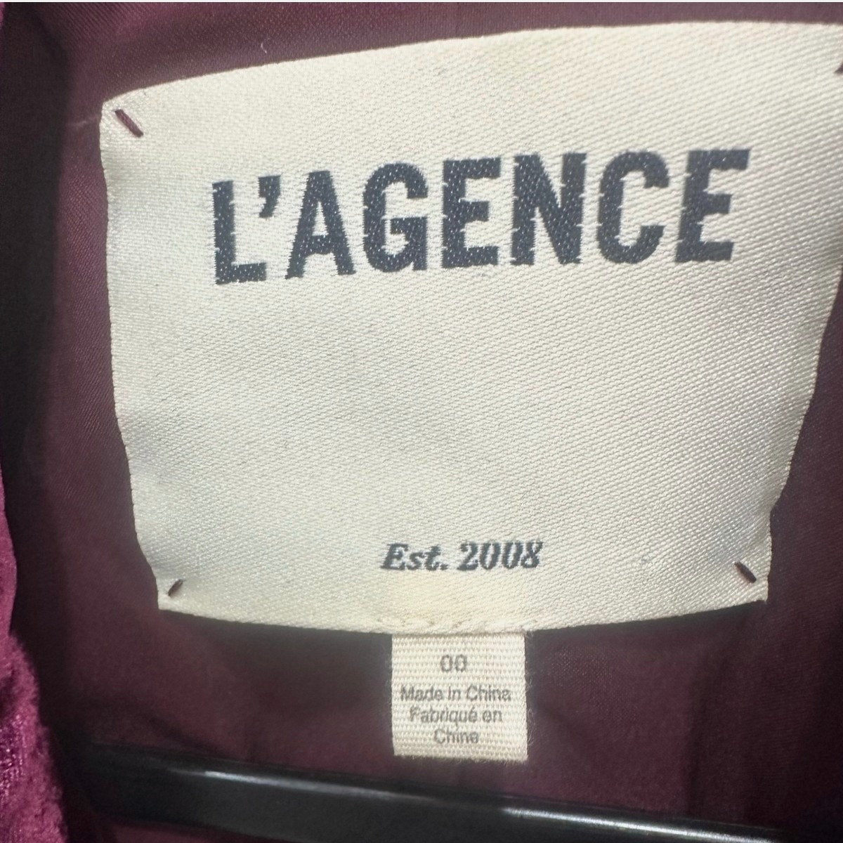 L'AGENCE Marie Silk Blend Double Breasted Velvet Blazer Dark Port Women's Sz 00