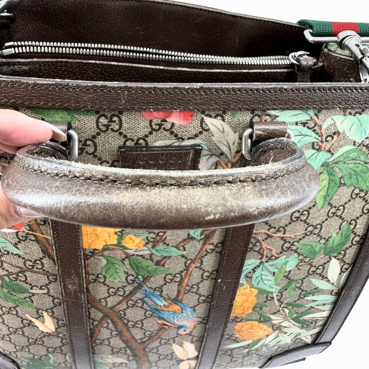 Gucci GG Supreme Tian Leather Tote Bag Ebony Brown Floral Bird Print