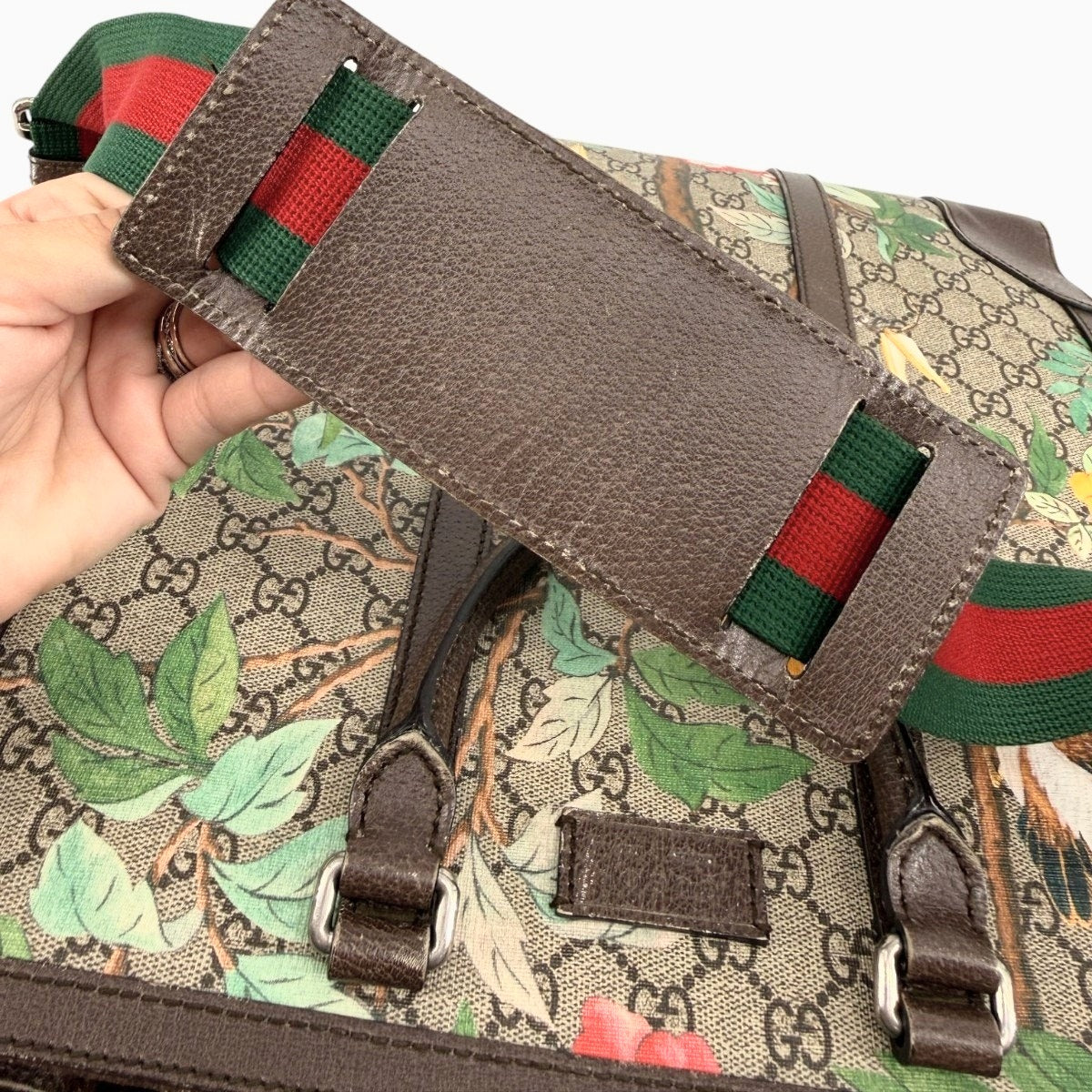 Gucci GG Supreme Tian Leather Tote Bag Ebony Brown Floral Bird Print