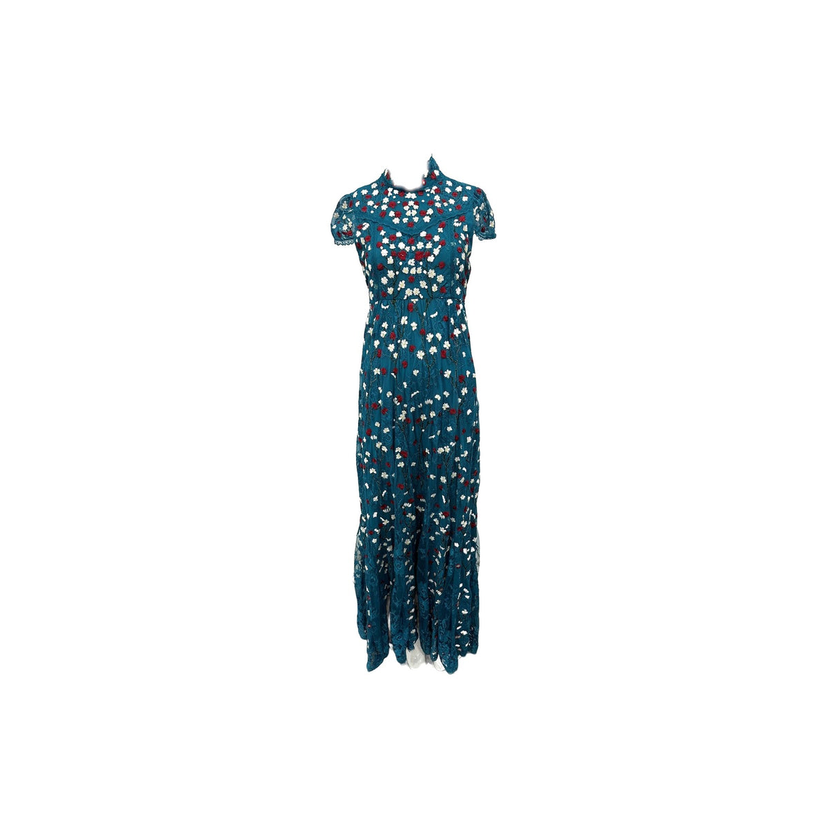 Alice + Olivia Nylon Arwen Embroidered Godet Gown Blue Green Women's Size 4
