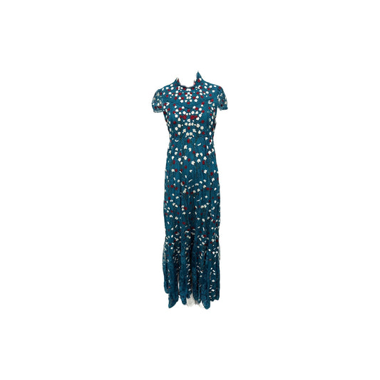 Alice + Olivia Nylon Arwen Embroidered Godet Gown Blue Green Women's Size 4