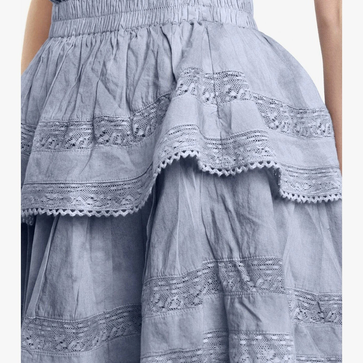 LoveShackFancy Cotton Mini Skirt with Lace Trim, Ruffles, and Pleated Tiers