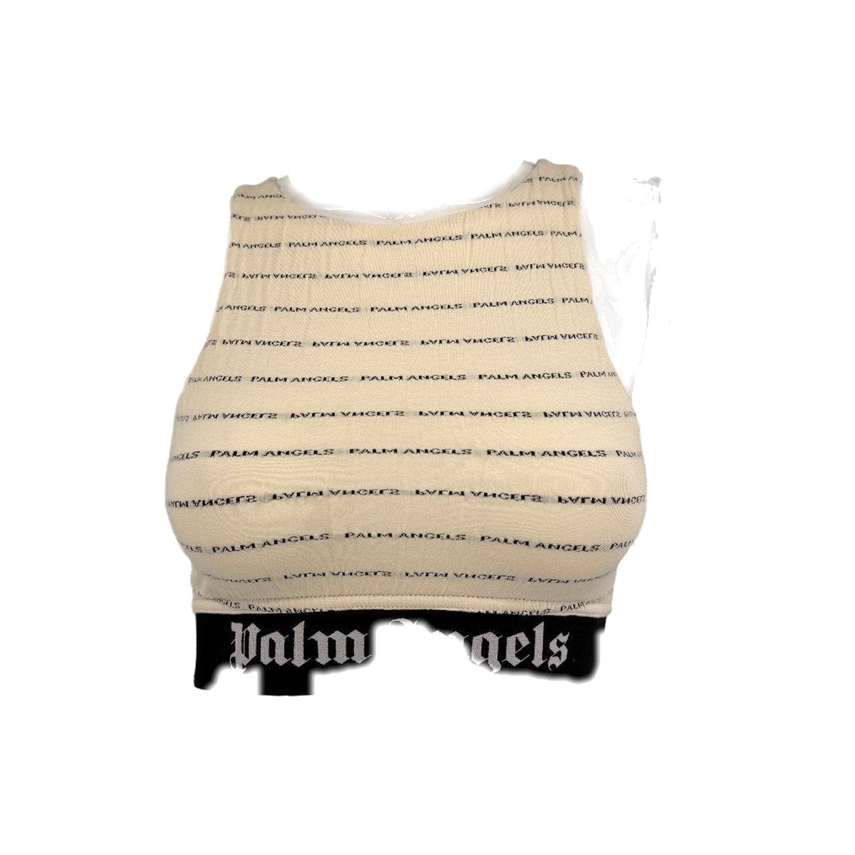 Palm Angels Cotton Blend Logo Print Crinkled Jersey Crop Top Cream Women's XS