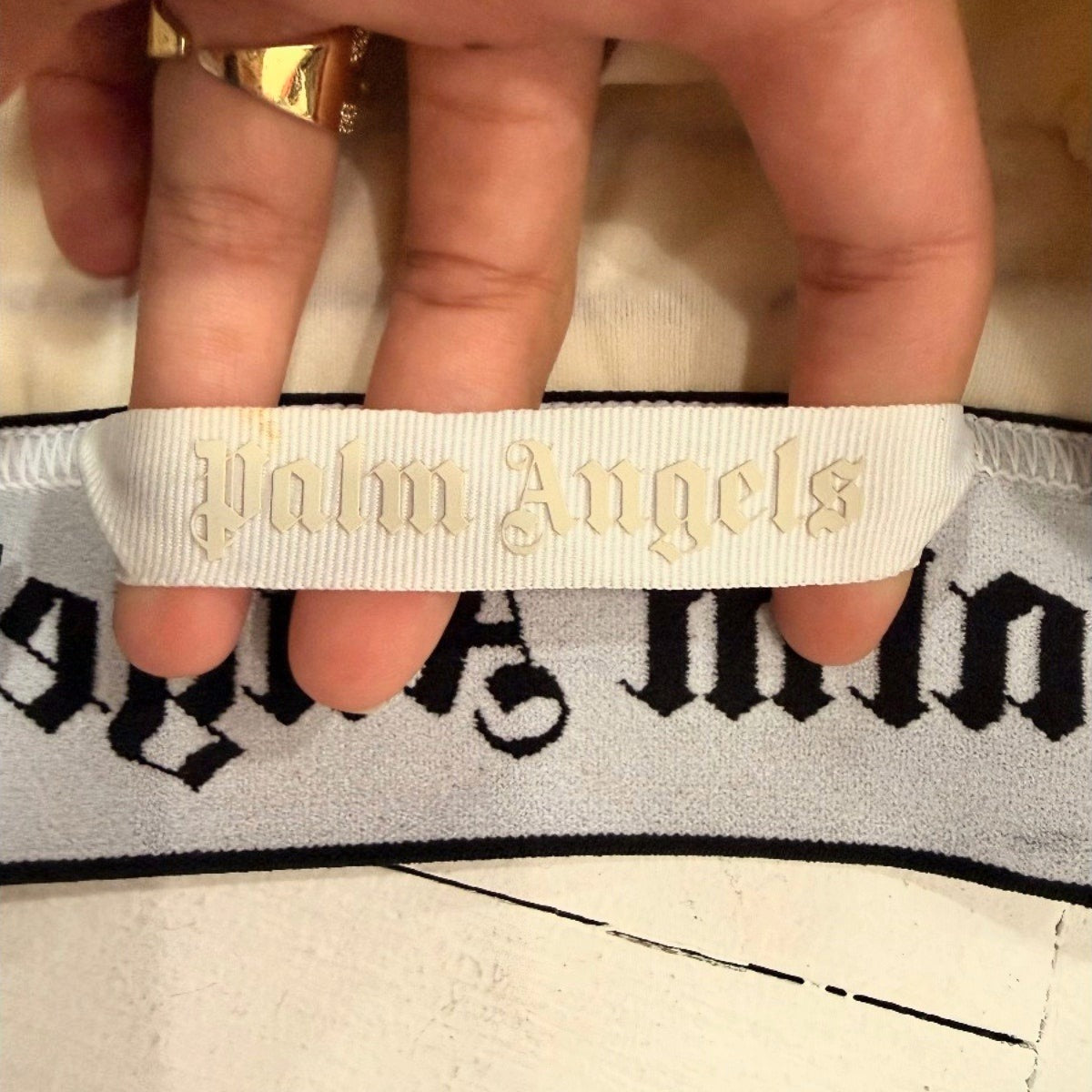 Palm Angels Cotton Blend Logo Print Crinkled Jersey Crop Top Cream Women's XS