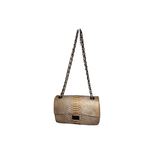 Beige and Gold Snakeskin-Embossed Chain Strap Shoulder Bag