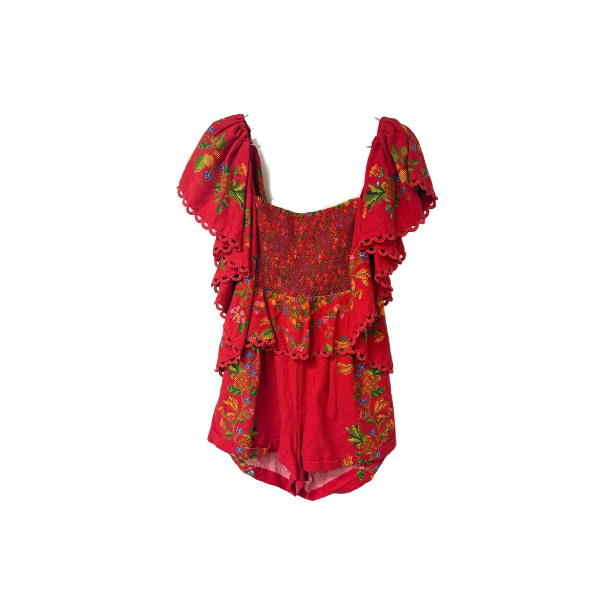 Farm Rio Red Ruffle Smocked Romper Tropical Romance Women's Size M