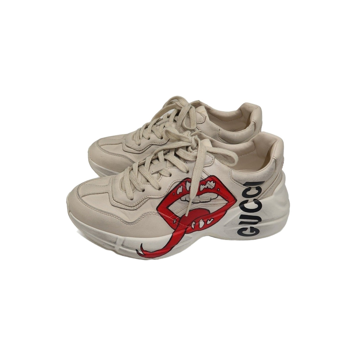 Gucci Rhyton Ivory Leather Mouth Print Lace-Up Low-Top Sneakers