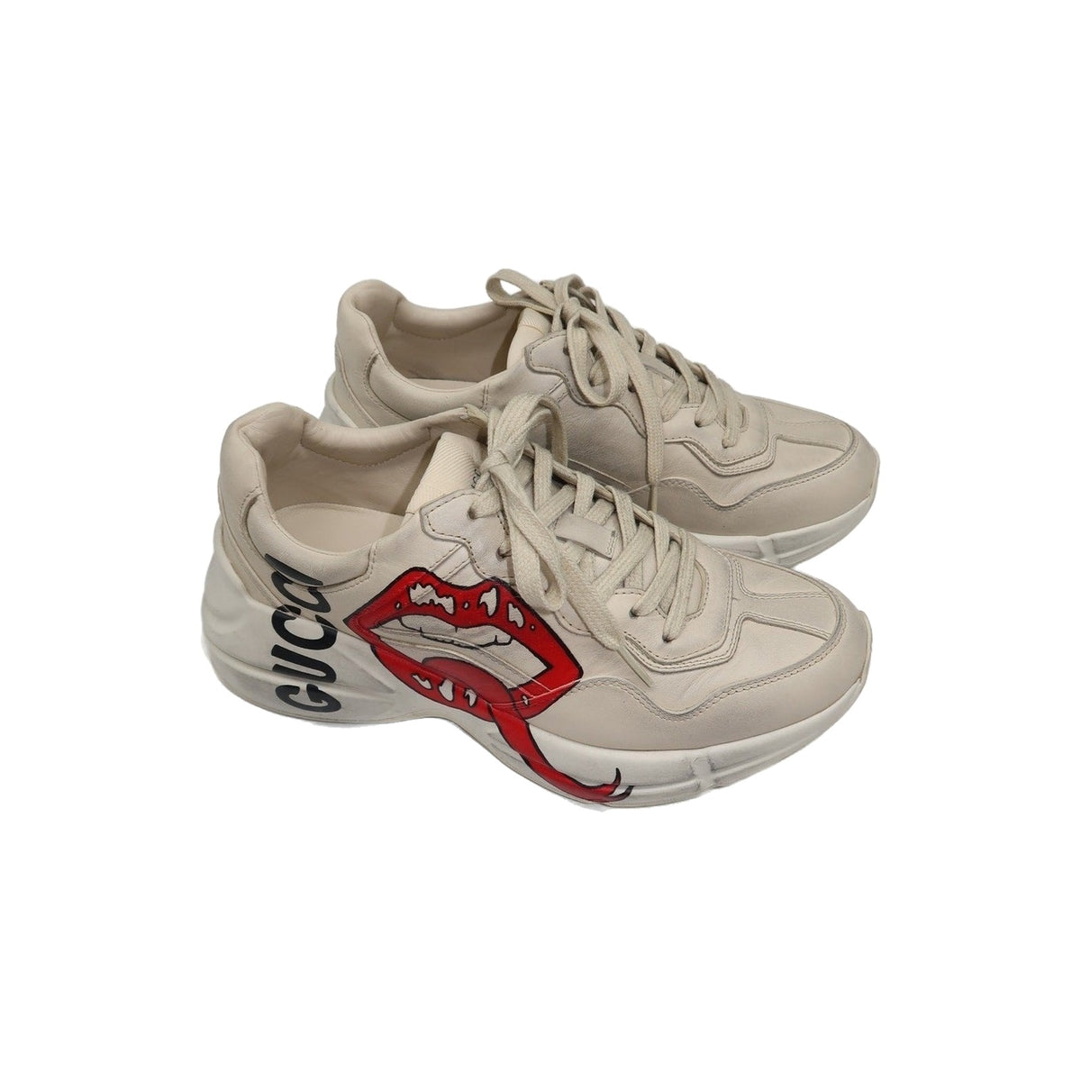 Gucci Rhyton Ivory Leather Mouth Print Lace-Up Low-Top Sneakers