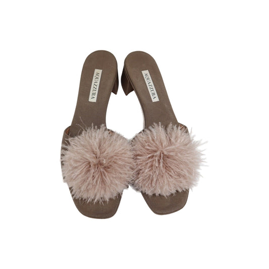 Aquazzura Brown Fabric Slide Sandals with Fur Trim