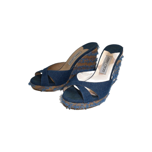 Jimmy Choo Denim Fringed Raffia Almer 105 Wedge Sandals