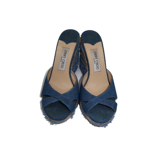 Jimmy Choo Denim Fringed Raffia Almer 105 Wedge Sandals