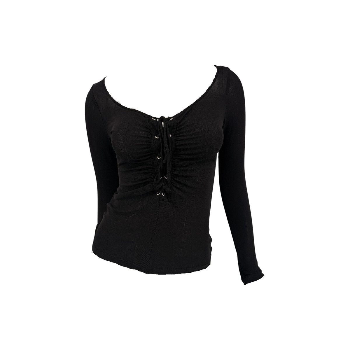 BCBGMAXAZRIA Lace-Up Ruched Mesh Long Sleeve Top Black Women's Size XXS