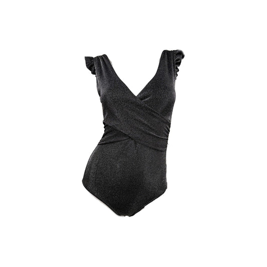 Bershka Night Out Metallic Wrap Front Ruffle Sleeve Bodysuit Black Silver Size M