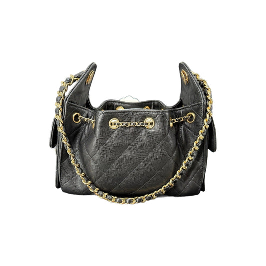 Chanel 25 Mini Black Caviar Gold Hardware Hobo Bag 26B AS5631 New Full Set