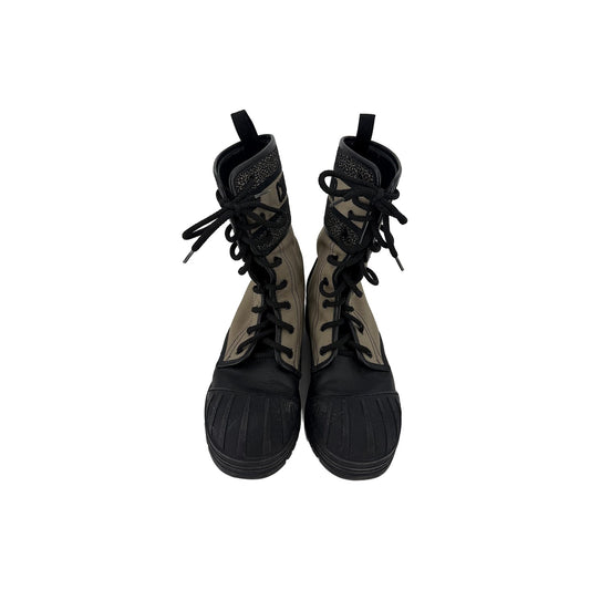 Dior D-Major Lace Up Combat Boots Beige Technical Fabric Black Calfskin 37