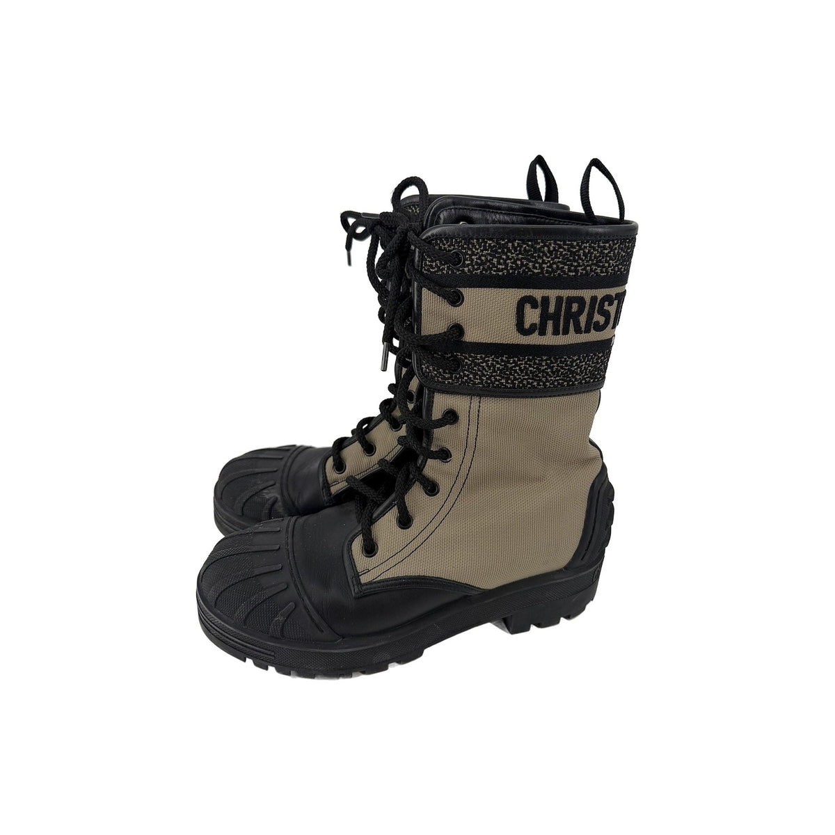 Dior D-Major Lace Up Combat Boots Beige Technical Fabric Black Calfskin 37