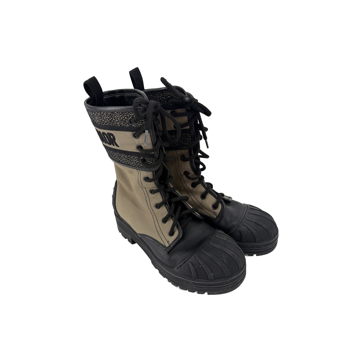 Dior D-Major Lace Up Combat Boots Beige Technical Fabric Black Calfskin 37