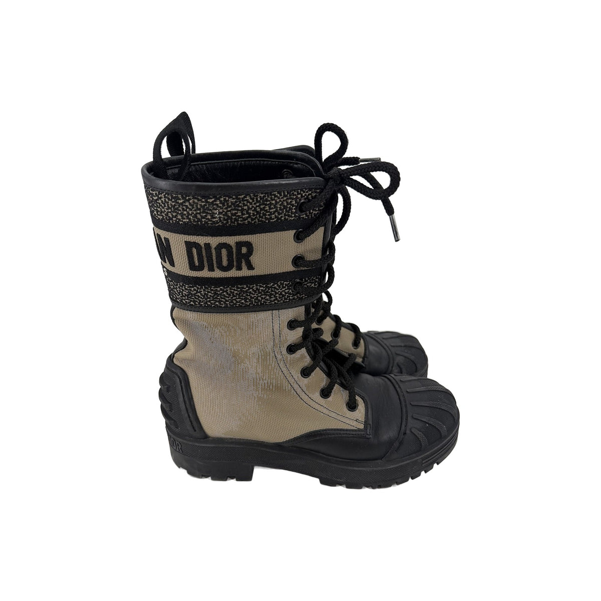 Dior D-Major Lace Up Combat Boots Beige Technical Fabric Black Calfskin 37
