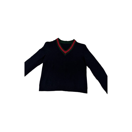 Gucci Navy Wool V-Neck Sweater Green Red Web Stripe Trim Pullover