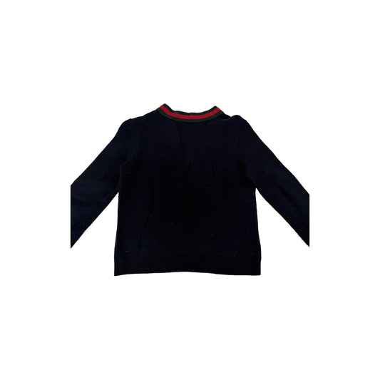 Gucci Navy Wool V-Neck Sweater Green Red Web Stripe Trim Pullover