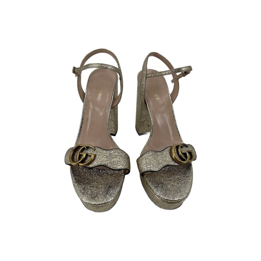 Gucci GG Marmont Platino Metallic Laminate Mid Heel Sandals Gold 37