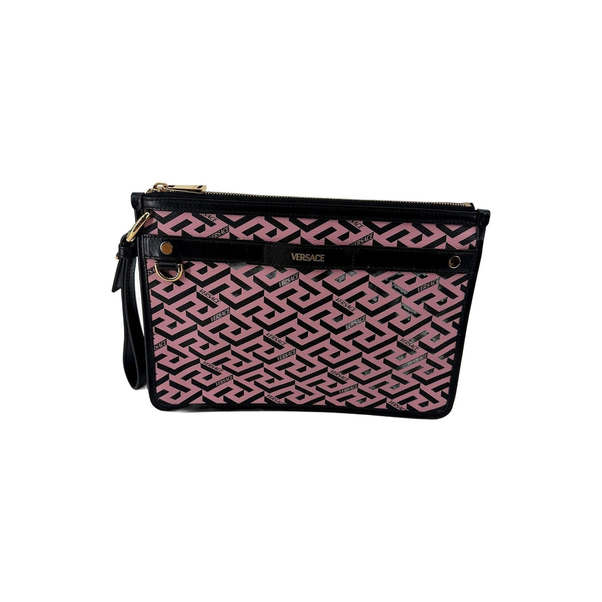Versace La Greca Pink Black Zip Crossbody Clutch Leather Strap Gold Italy