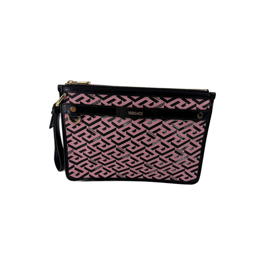 Versace La Greca Pink Black Zip Crossbody Clutch Leather Strap Gold Italy