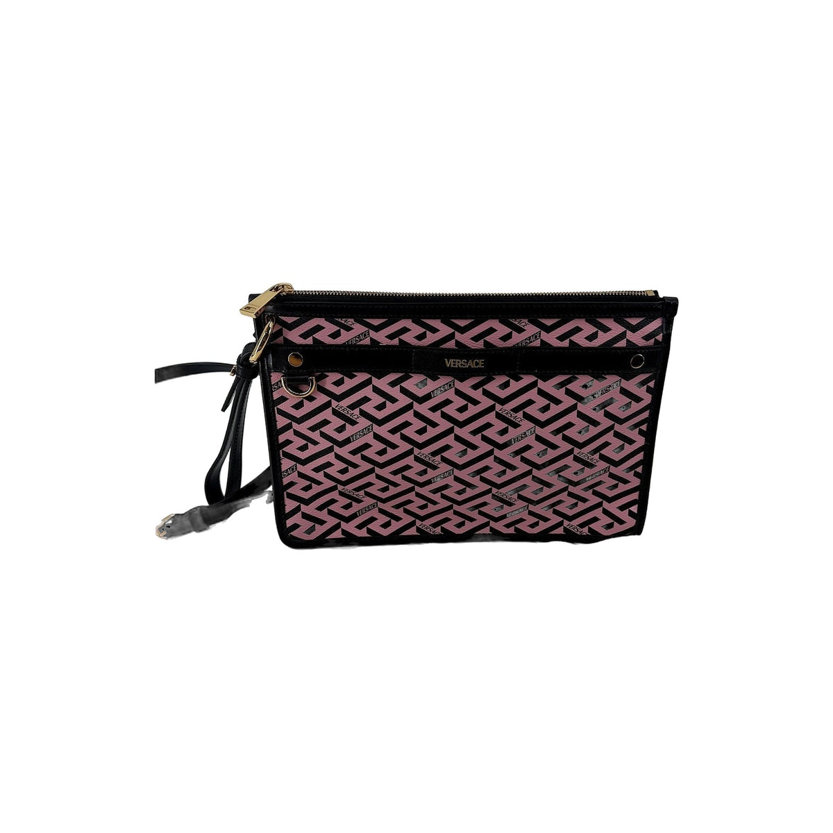 Versace La Greca Pink Black Zip Crossbody Clutch Leather Strap Gold Italy