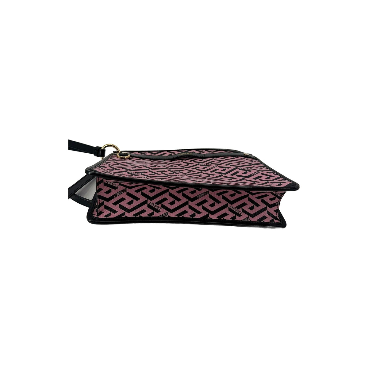 Versace La Greca Pink Black Zip Crossbody Clutch Leather Strap Gold Italy