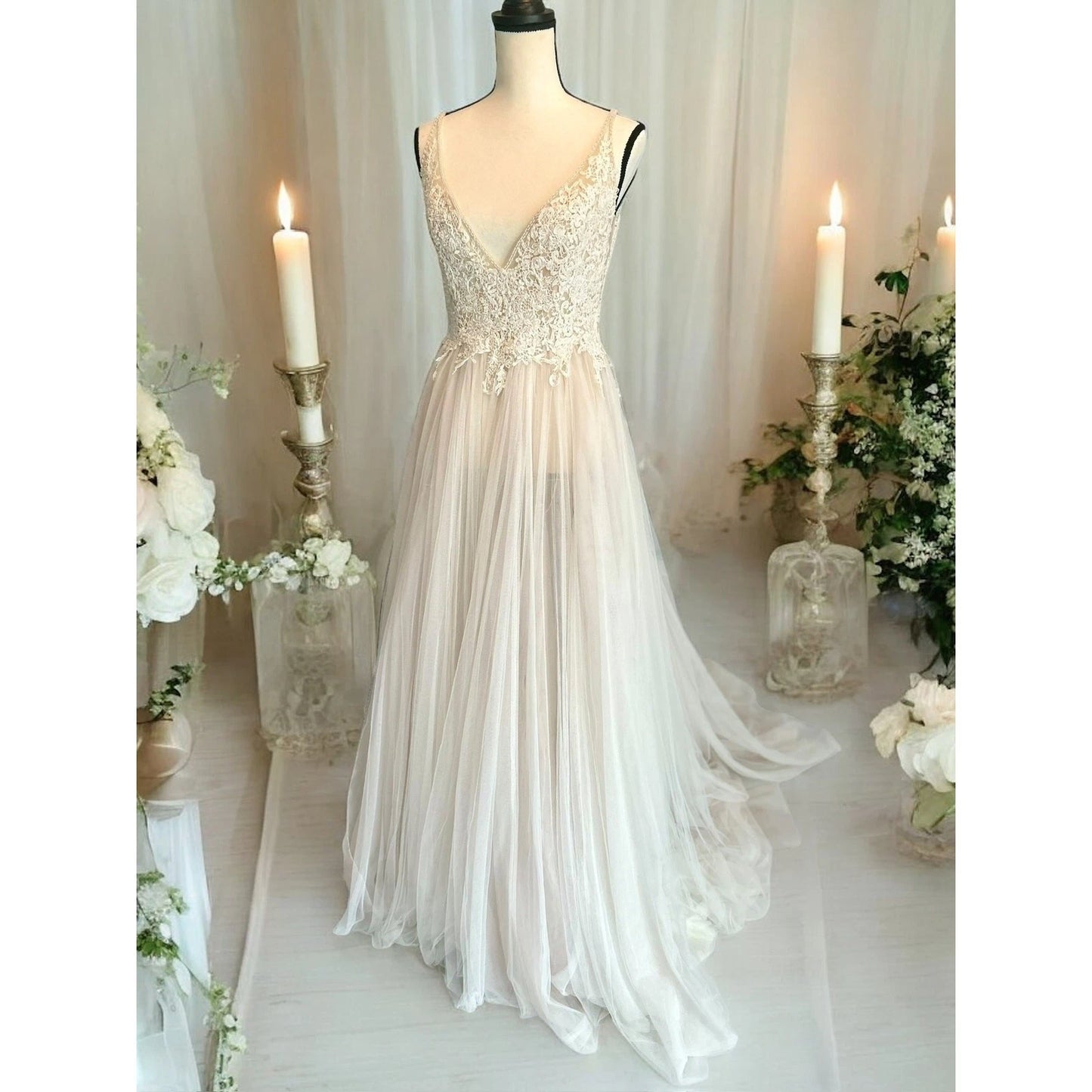 Donata by Rosa Clará Lace Beaded Tulle A-Line Wedding Dress Ivory