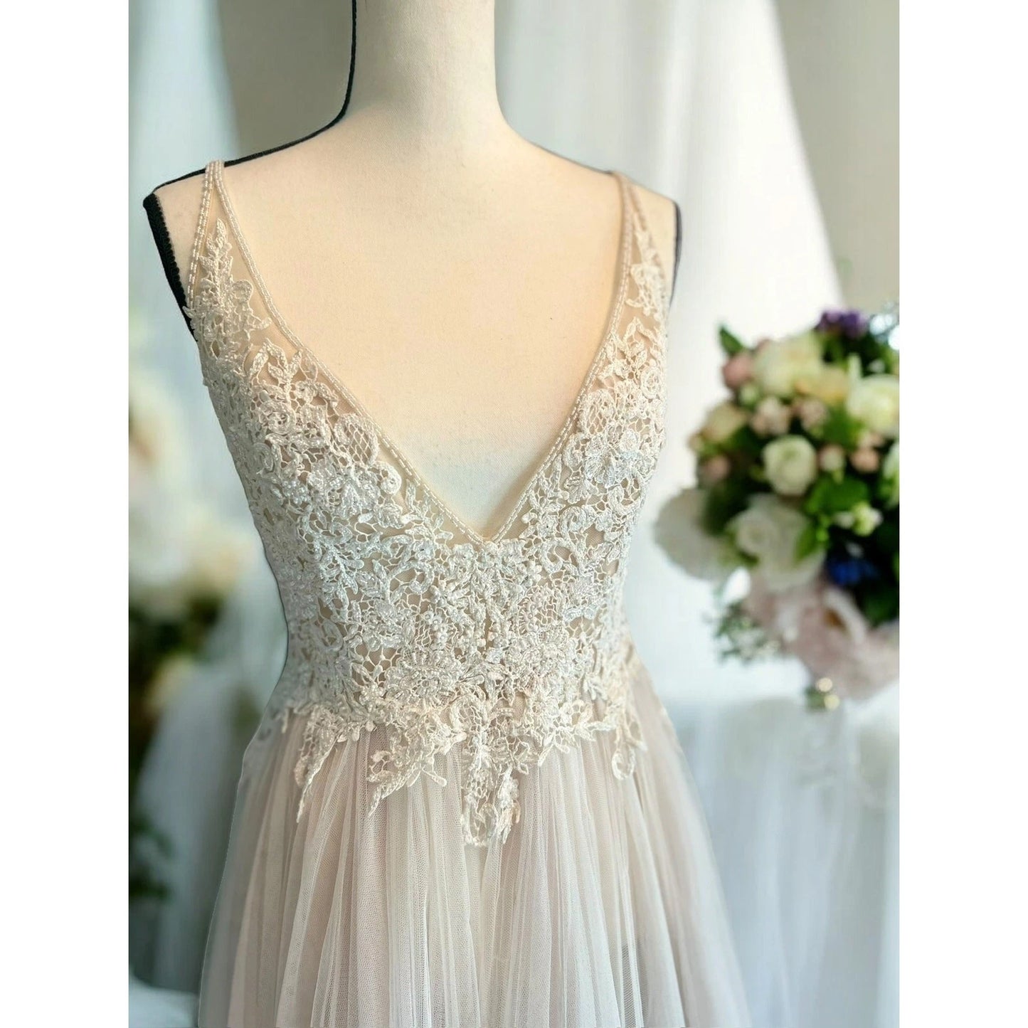 Donata by Rosa Clará Lace Beaded Tulle A-Line Wedding Dress Ivory