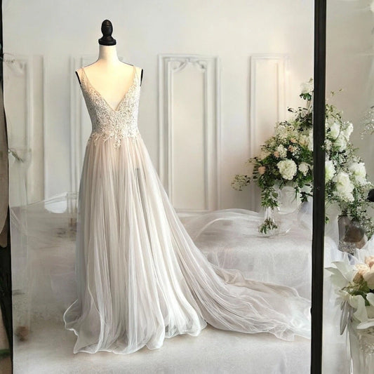 Donata by Rosa Clará Lace Beaded Tulle A-Line Wedding Dress Ivory