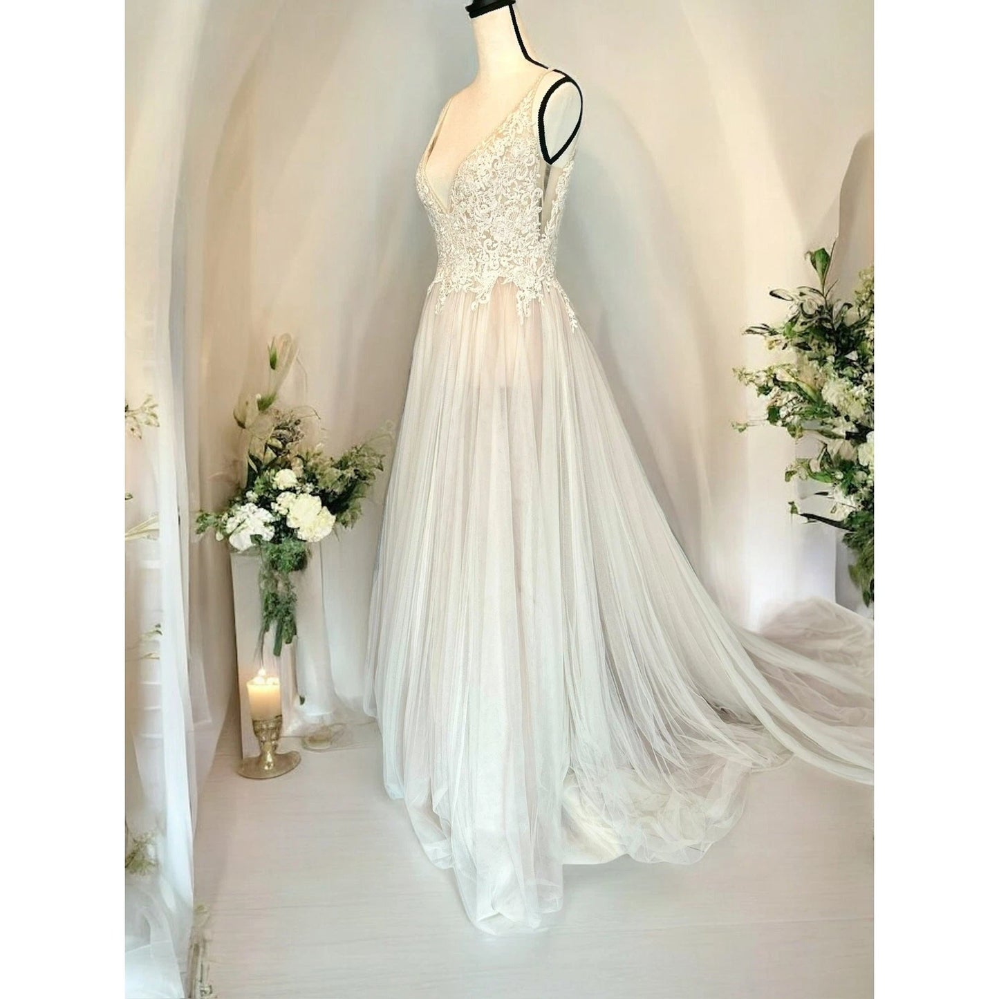Donata by Rosa Clará Lace Beaded Tulle A-Line Wedding Dress Ivory