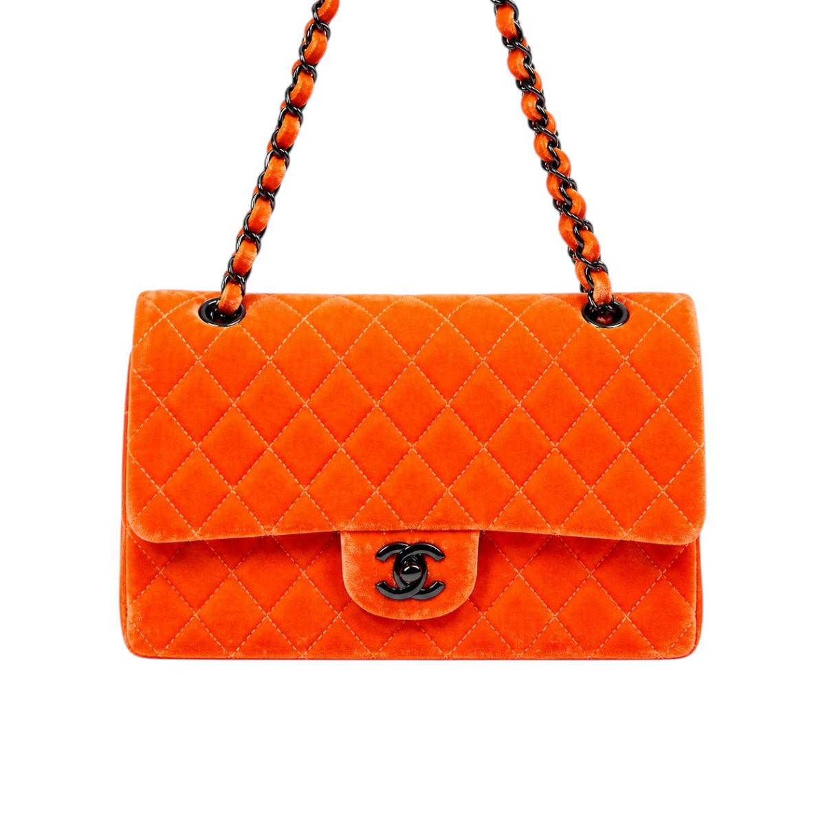 Chanel Velvet Quilted Interlocking CC Classic Flap Medium Shoulder Bag Coral