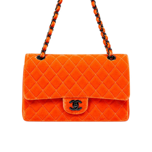 Chanel Velvet Quilted Interlocking CC Classic Flap Medium Shoulder Bag Coral