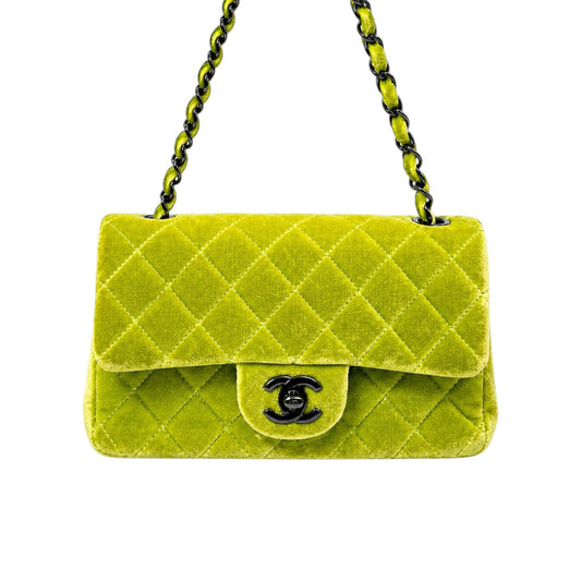 Chanel Velvet Quilted Interlocking CC Classic Flap Small Shoulder Bag Green