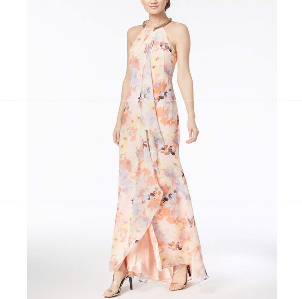 Calvin Klein Chiffon Floral Print Beaded Halter Draped Maxi Dress Pink Size 12