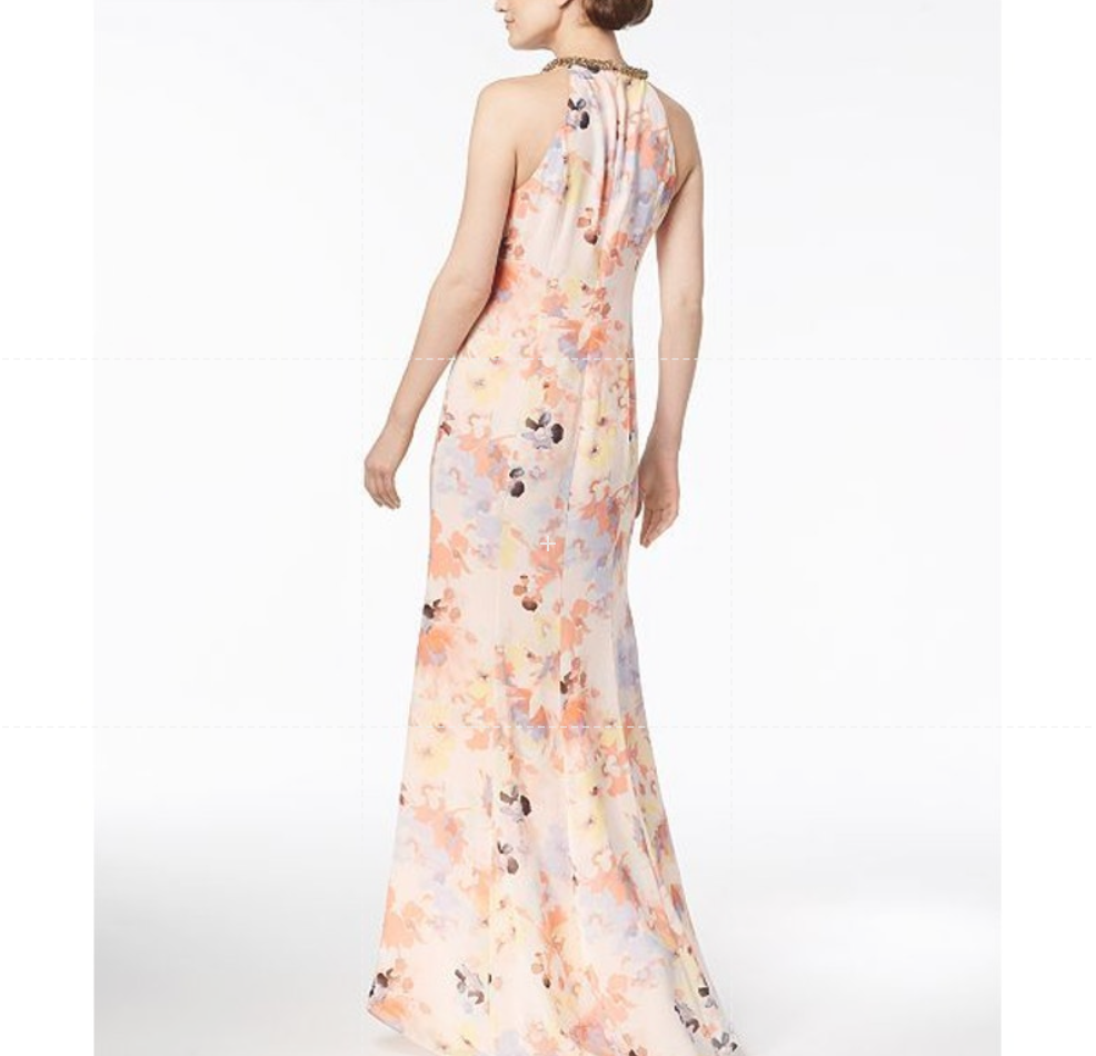 Calvin Klein Chiffon Floral Print Beaded Halter Draped Maxi Dress Pink Size 12
