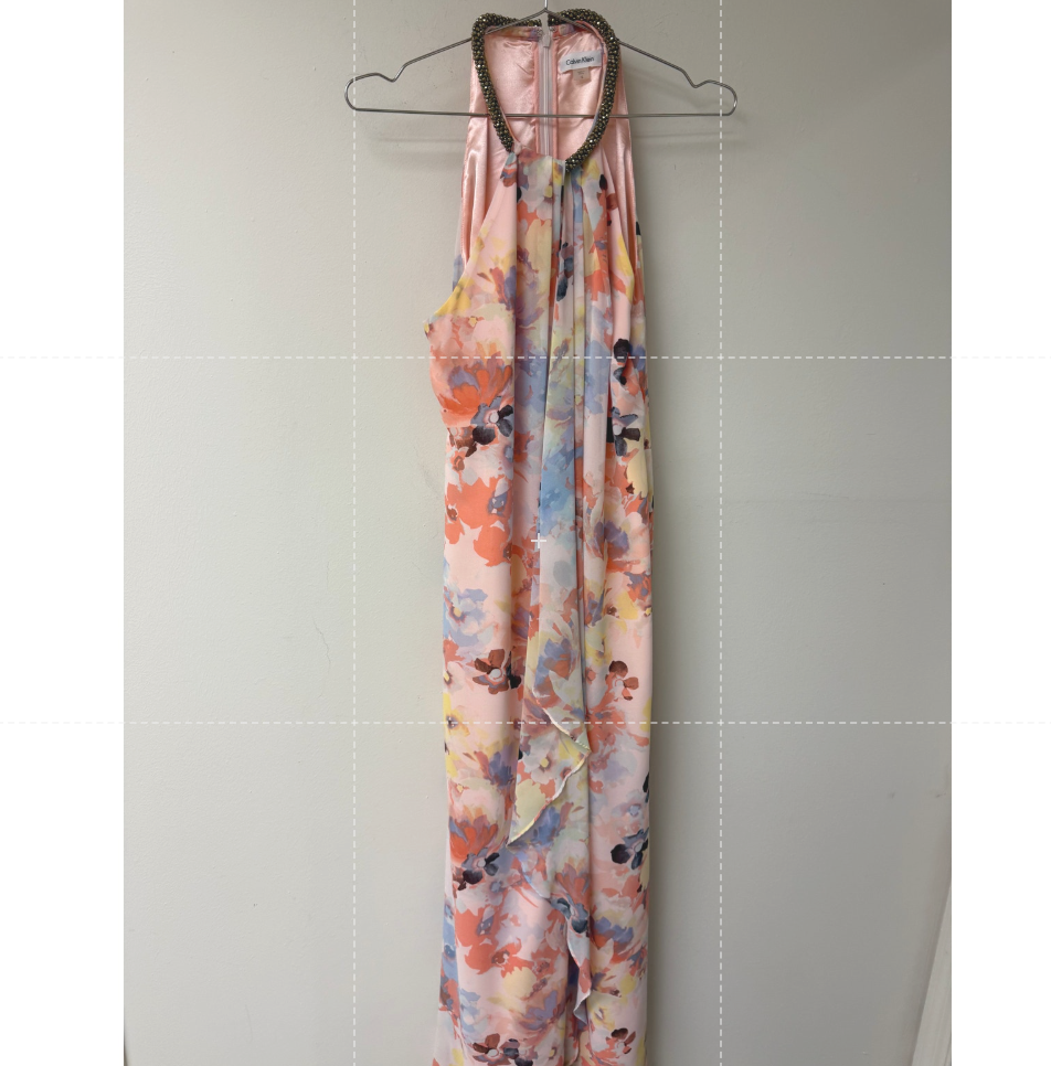 Calvin Klein Chiffon Floral Print Beaded Halter Draped Maxi Dress Pink Size 12